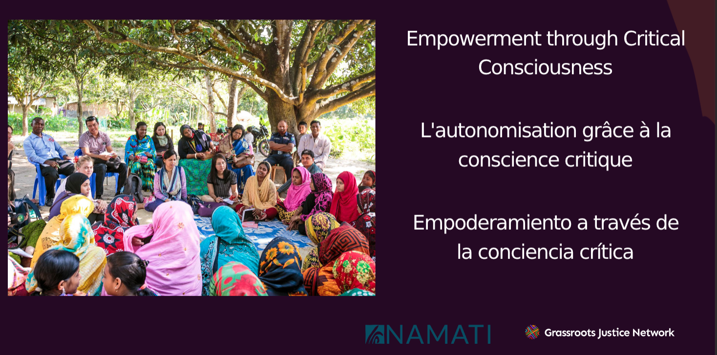 A purple title slide from the Lightening Course, featuring an image of a community of mostly women wearing colorful clothes, sitting outside underneath a tree, listening to legal empowerment advocates speaking to them. The title reads, "Empowerment Through Critical Consciousness."