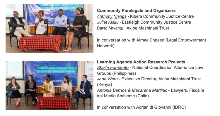 A screenshot of two images from panel discussions at the University of Nairobi. Both images show individuals sitting around a coffee table covered with a red and black plaid cloth, and a blue banner in the background.
