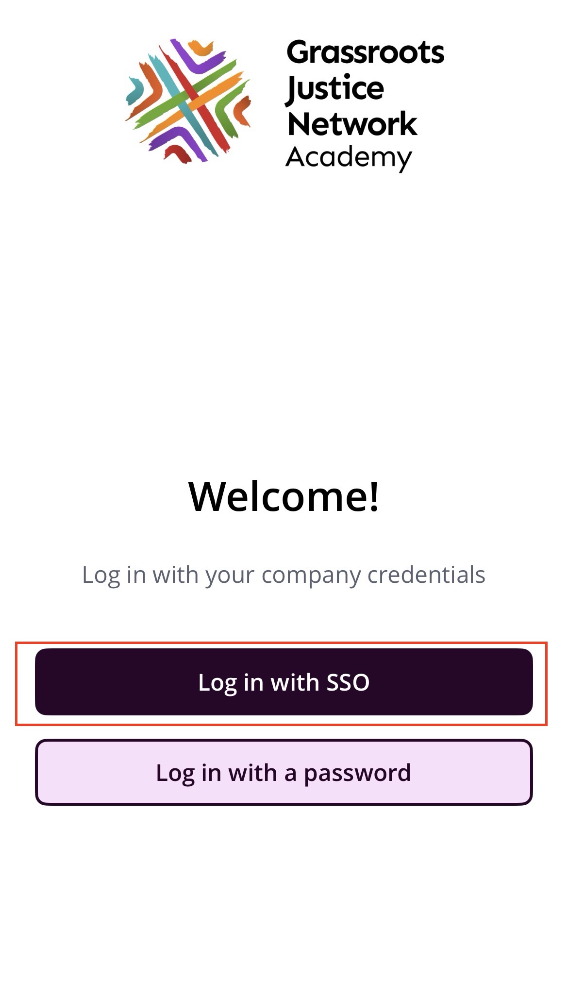 Login options on Academy App