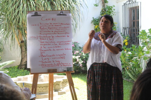 Zonia Zacarías មកពី Consejo de Mujeres Indígenas y Biodiversidad នៅ Guatemala ចែករំលែកការវិភាគក្រុមកំឡុងពេលសម័យប្រជុំមួយ។
