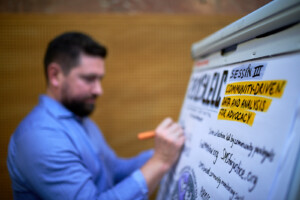 Yevgen Poltenko from the Legal Development Network in Ukraine takes graphic notes from the different sessions